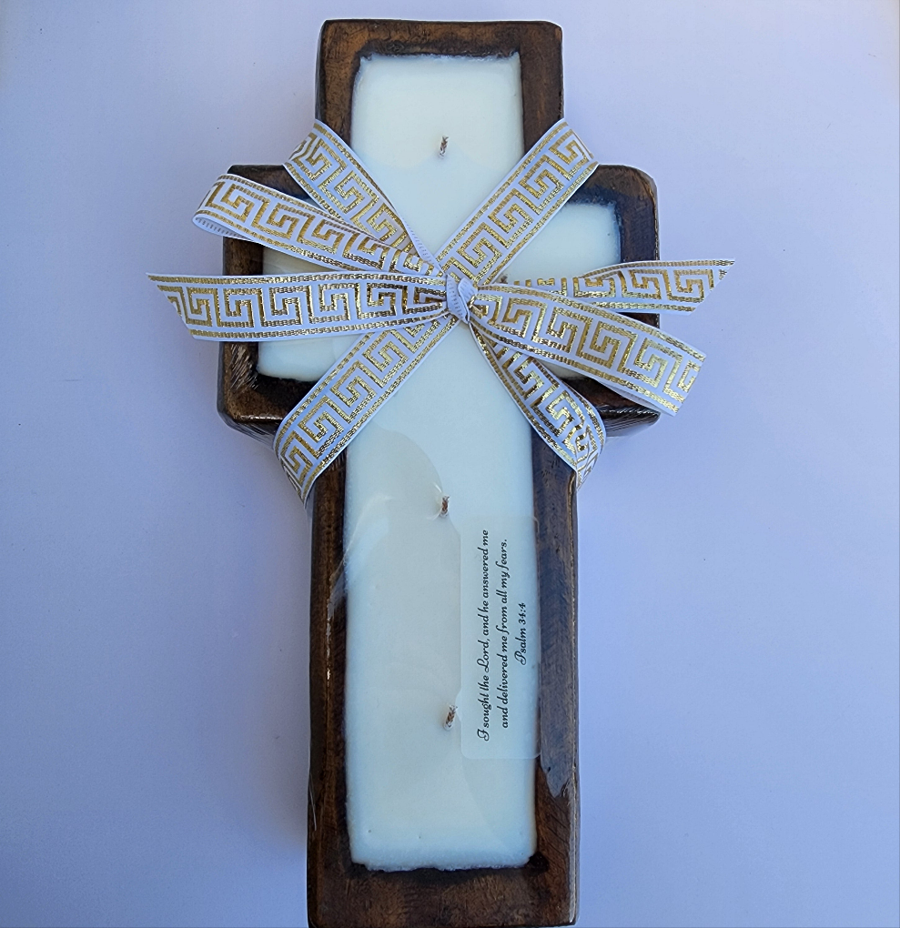 Wooden Dough Bowl Cross Candle - Extra Large 17 oz Soy Wax Candle