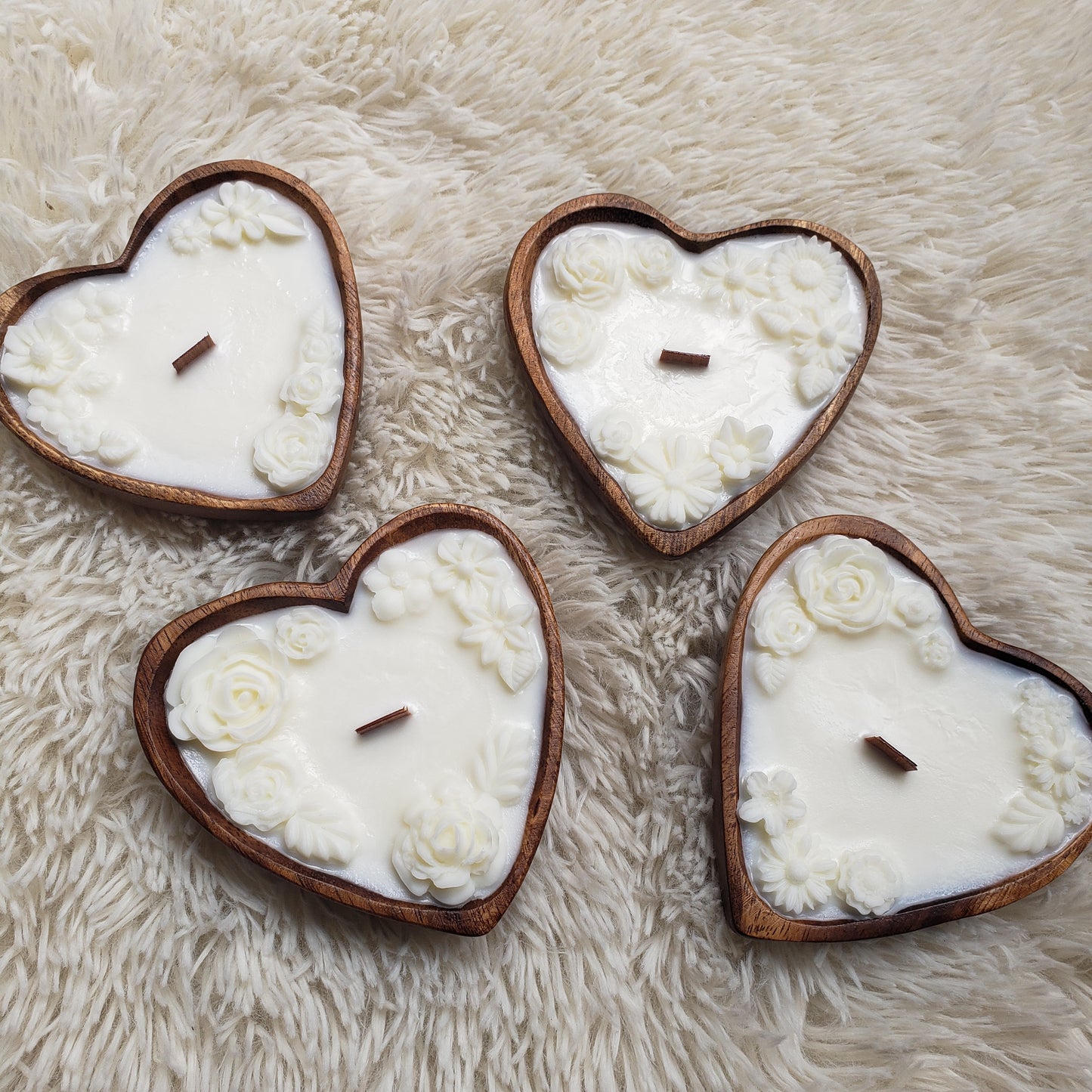 Mini Heart Bowl, Wood Wick Candle with Beeswax Flowers