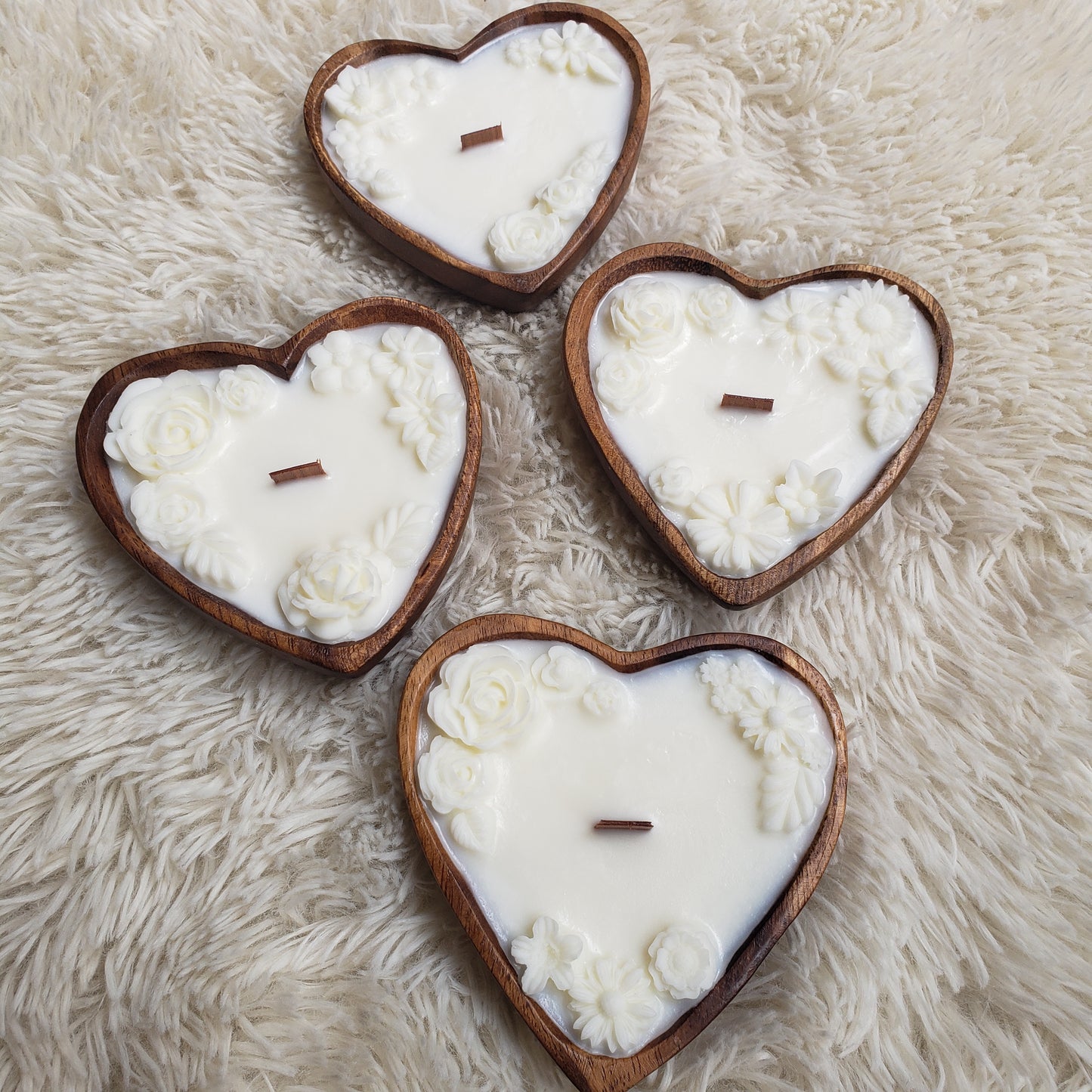 Mini Heart Bowl, Wood Wick Candle with Beeswax Flowers