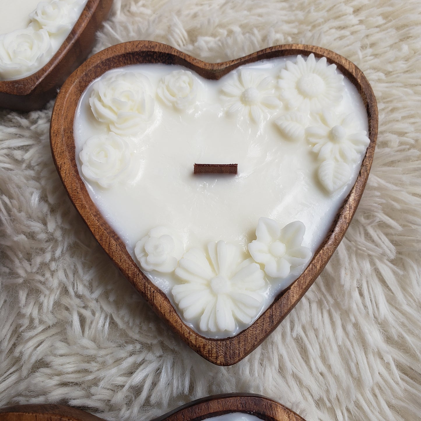 Mini Heart Bowl, Wood Wick Candle with Beeswax Flowers