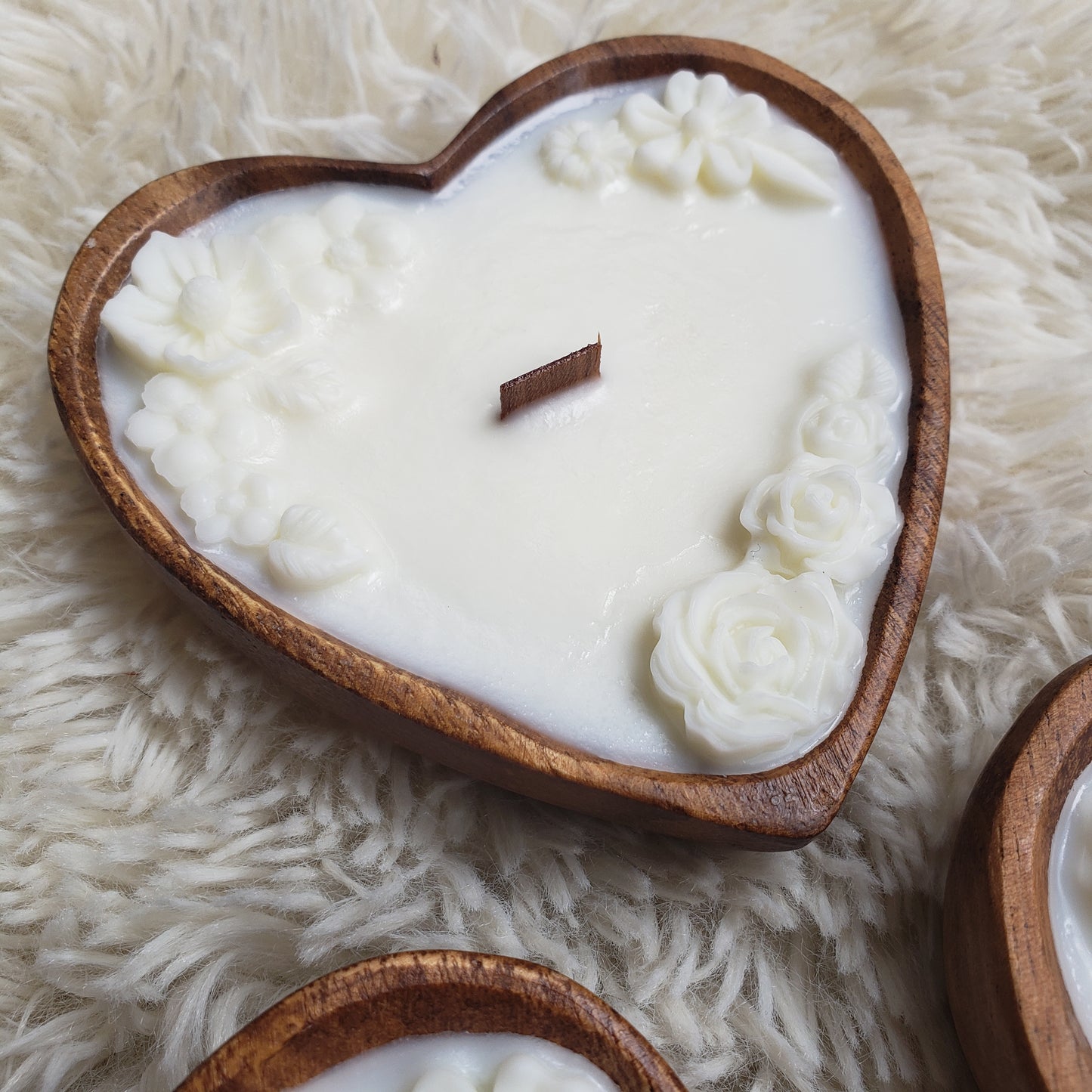 Mini Heart Bowl, Wood Wick Candle with Beeswax Flowers