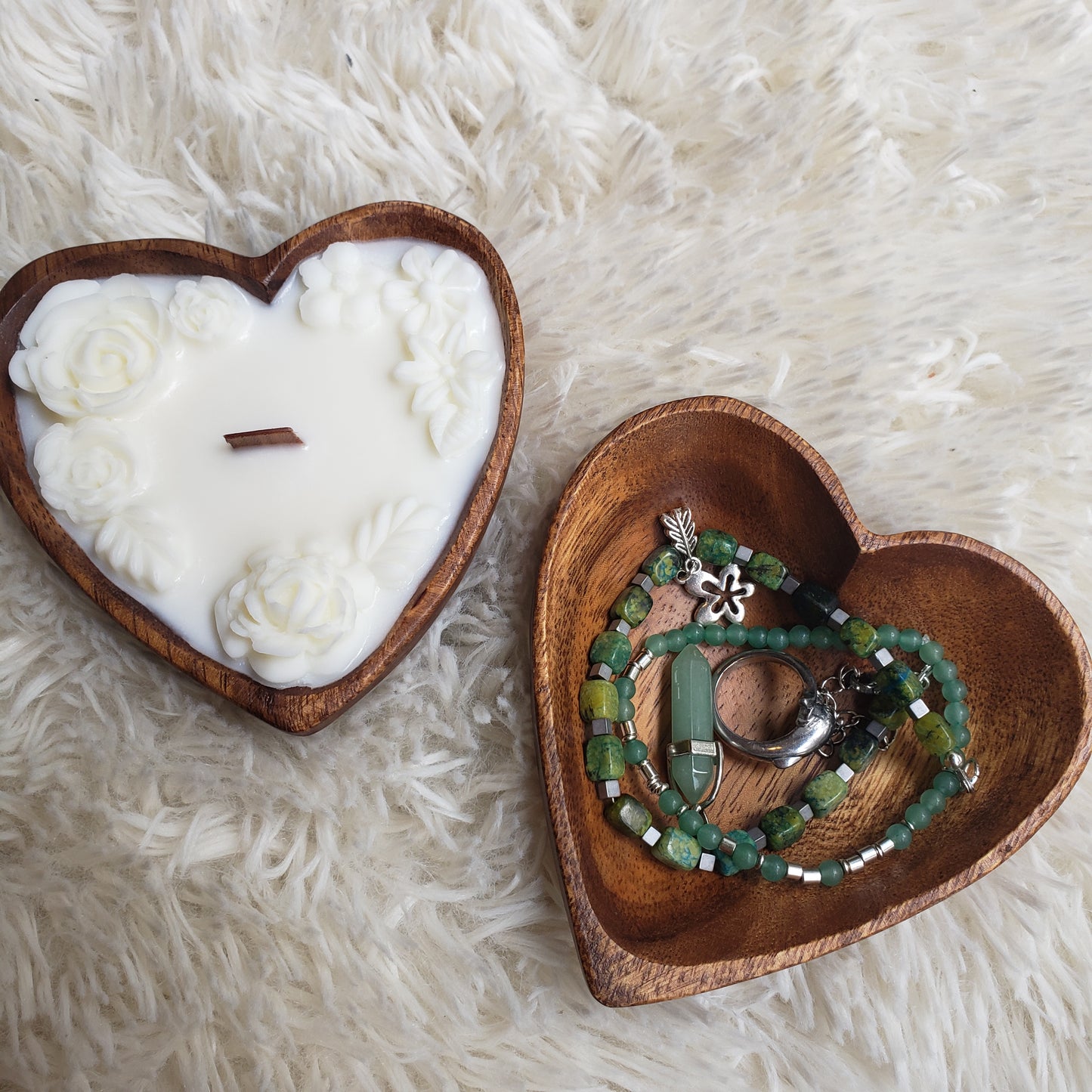 Mini Heart Bowl, Wood Wick Candle with Beeswax Flowers