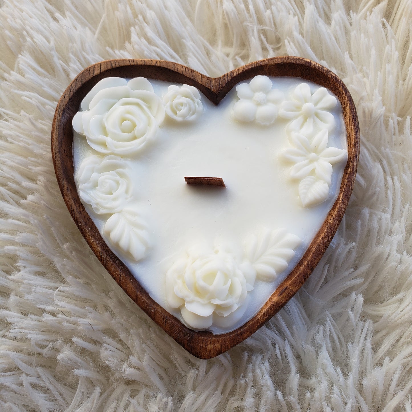 Mini Heart Bowl, Wood Wick Candle with Beeswax Flowers