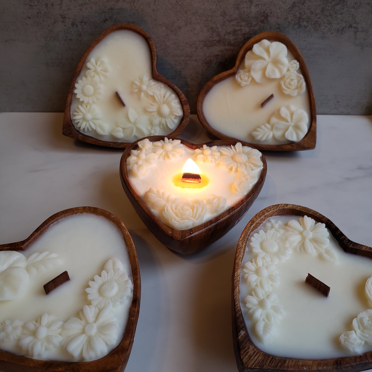 Mini Heart Bowl, Wood Wick Candle with Beeswax Flowers