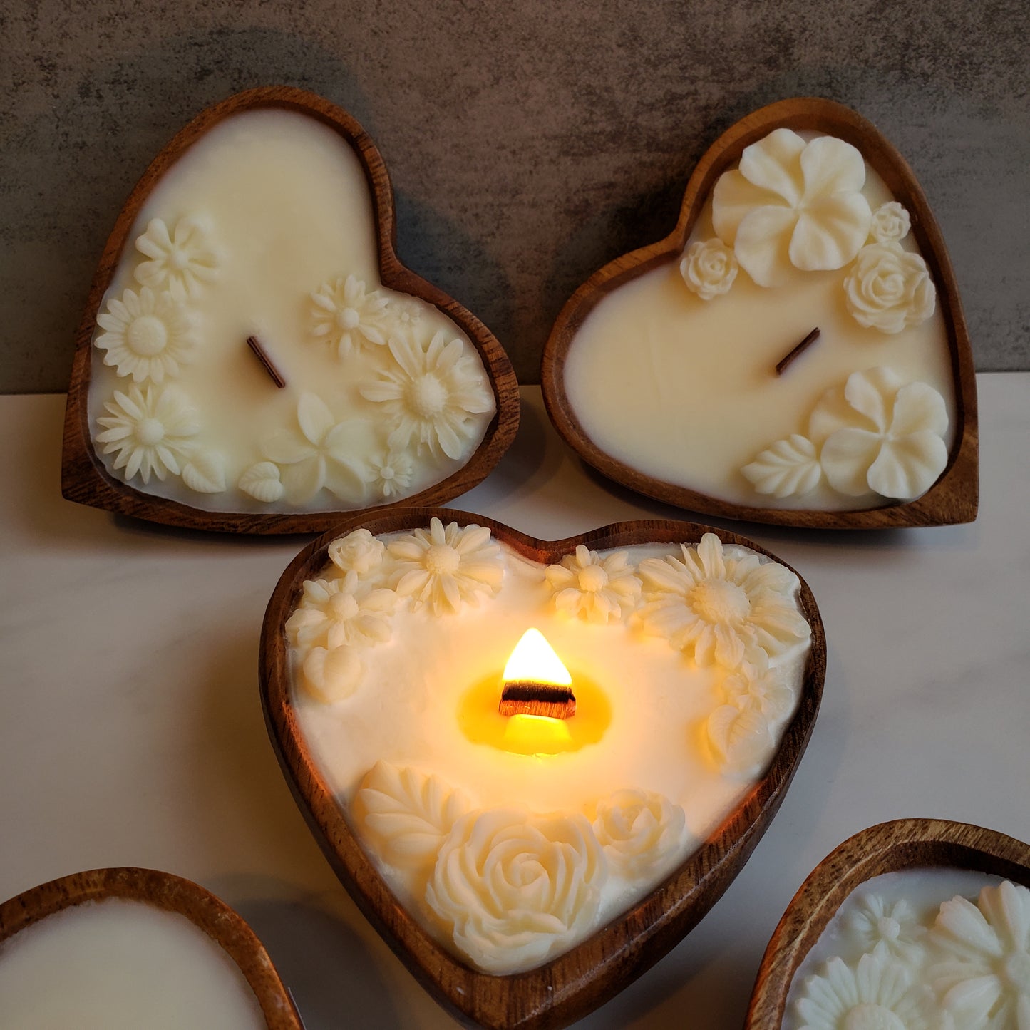 Mini Heart Bowl, Wood Wick Candle with Beeswax Flowers