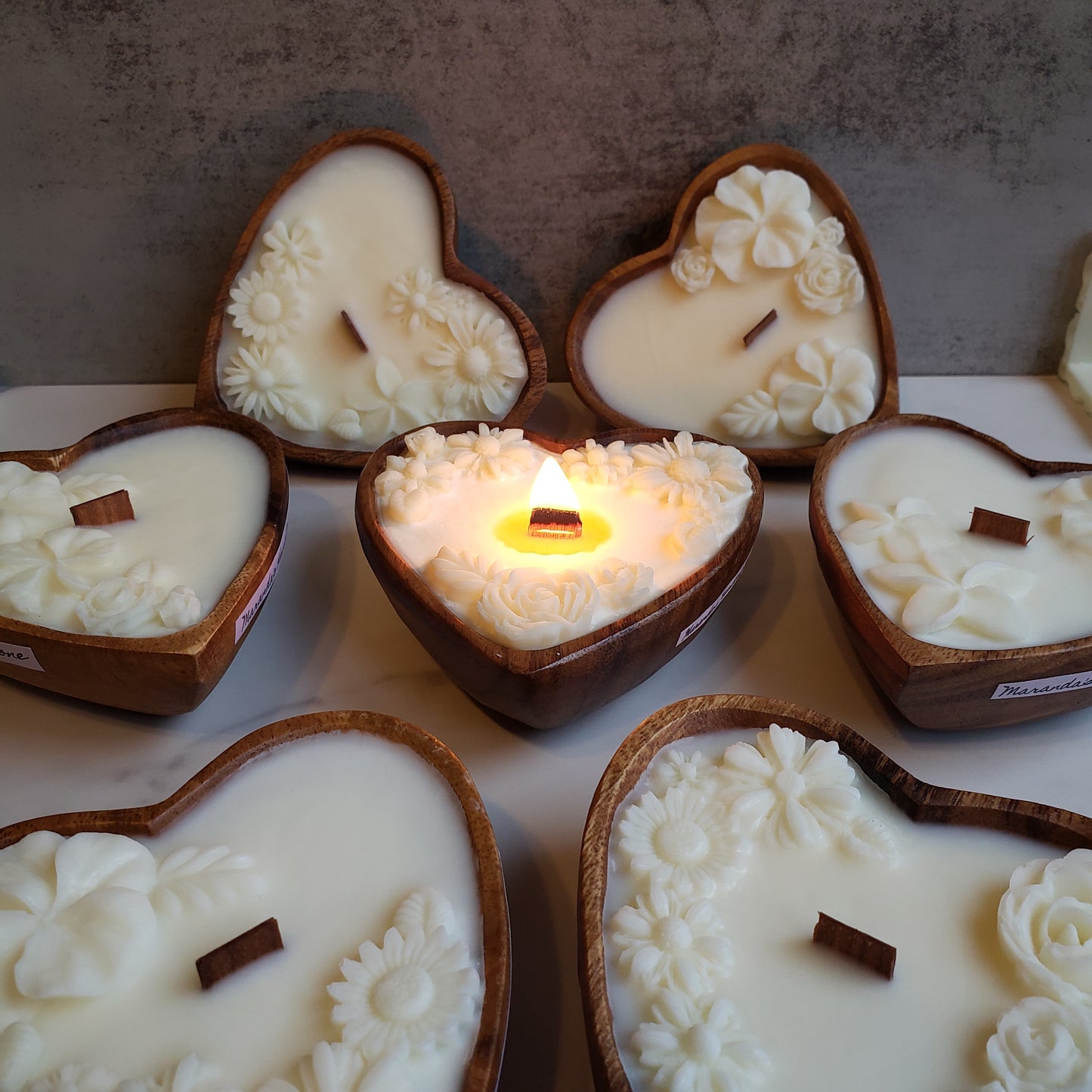 Mini Heart Bowl, Wood Wick Candle with Beeswax Flowers