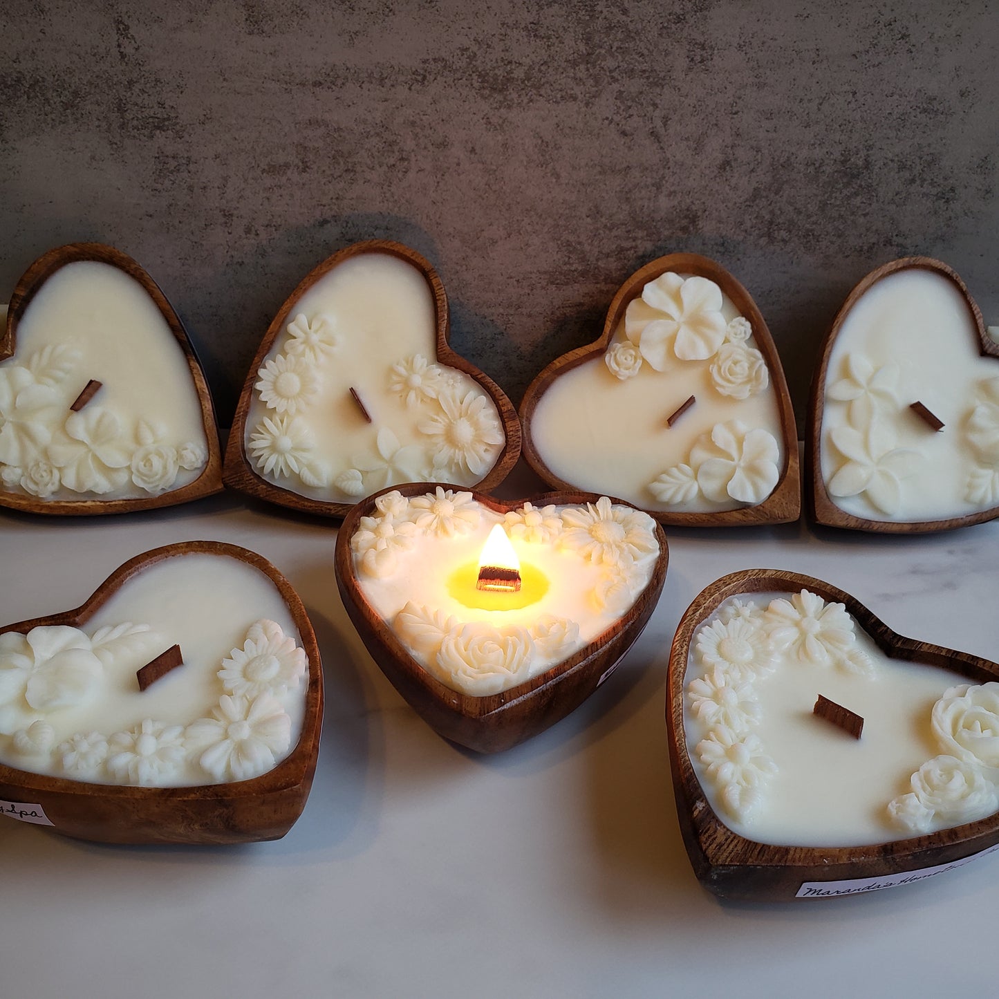 Mini Heart Bowl, Wood Wick Candle with Beeswax Flowers