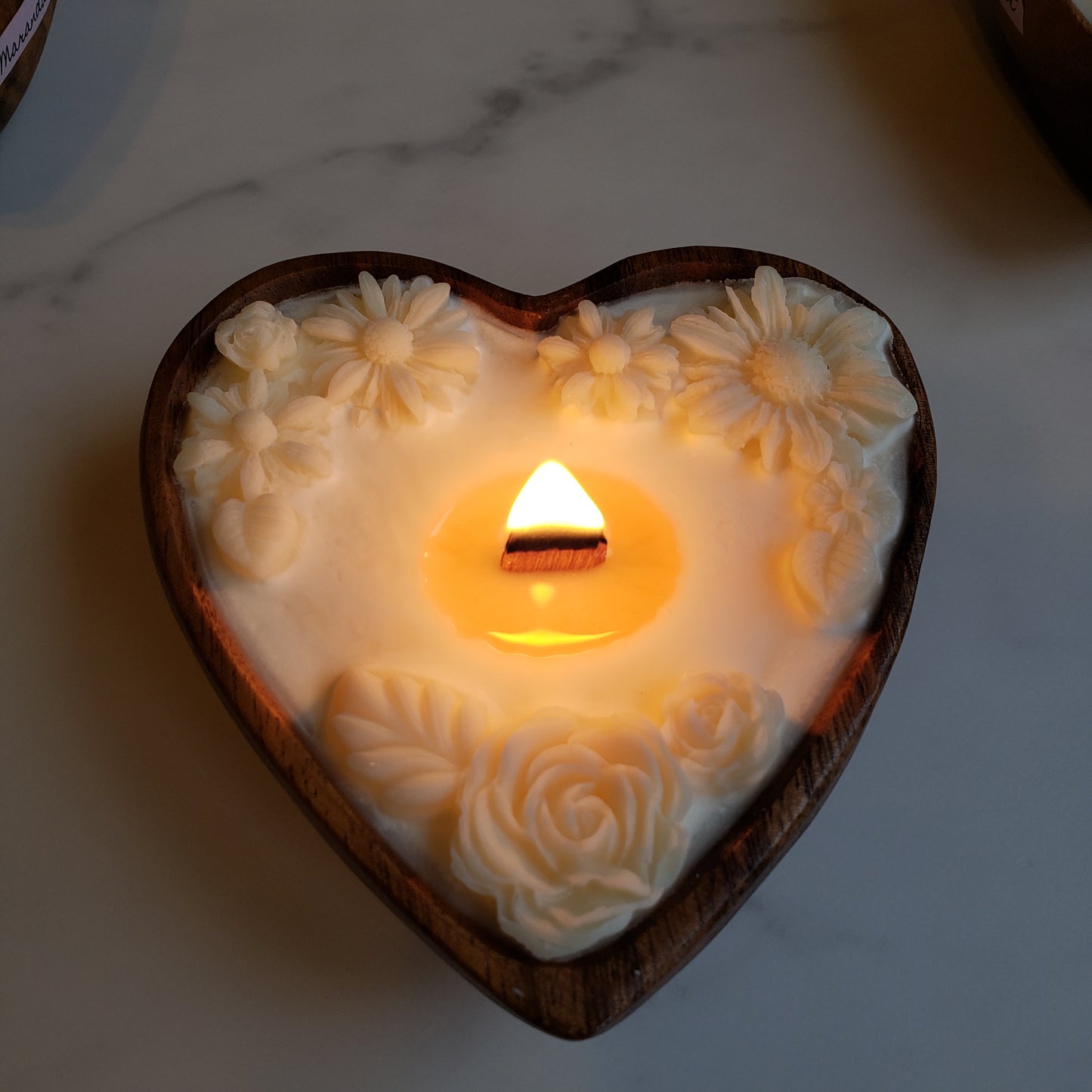 Mini Heart Bowl, Wood Wick Candle with Beeswax Flowers