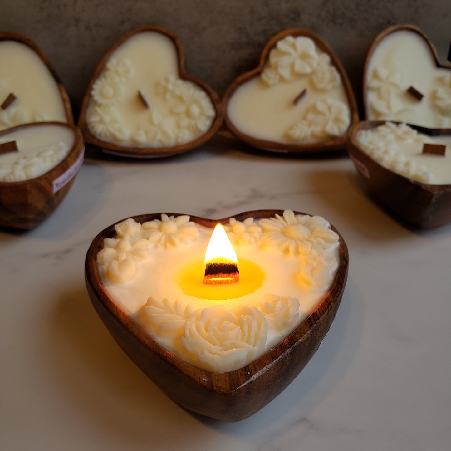 Mini Heart Bowl, Wood Wick Candle with Beeswax Flowers